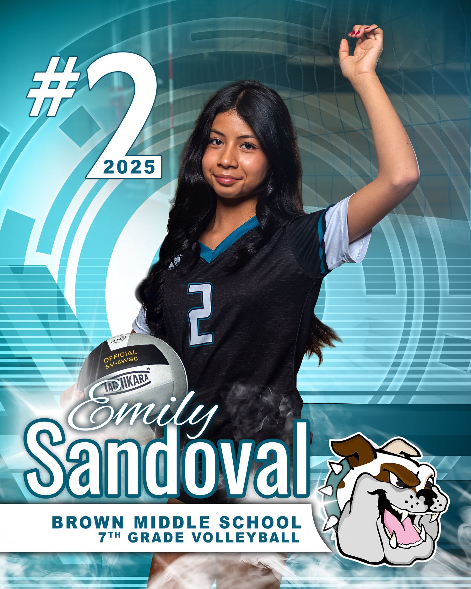 Emily Sandoval, #2, Brown Middle School 7th Grade Volleyball player, posing with a volleyball in her team uniform, class of 2025.