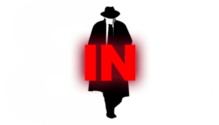 Silhouette of a mysterious man in a hat and coat with bold red IN text on white.