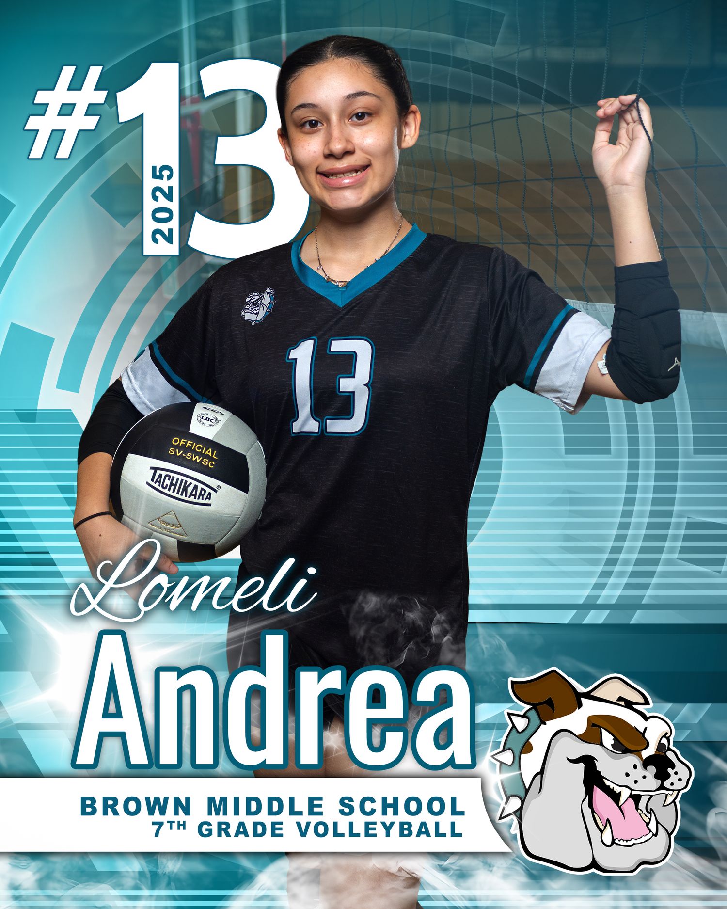 Andrea Lomeli, #13, Brown Middle School 7th grade volleyball player, poses in uniform holding a volleyball for her 2025 sports portrait.