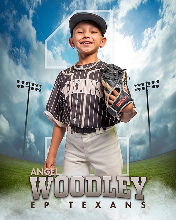 Young baseball player Angel Woodley in EP Texans pinstripe uniform holding glove, posed for team photo.