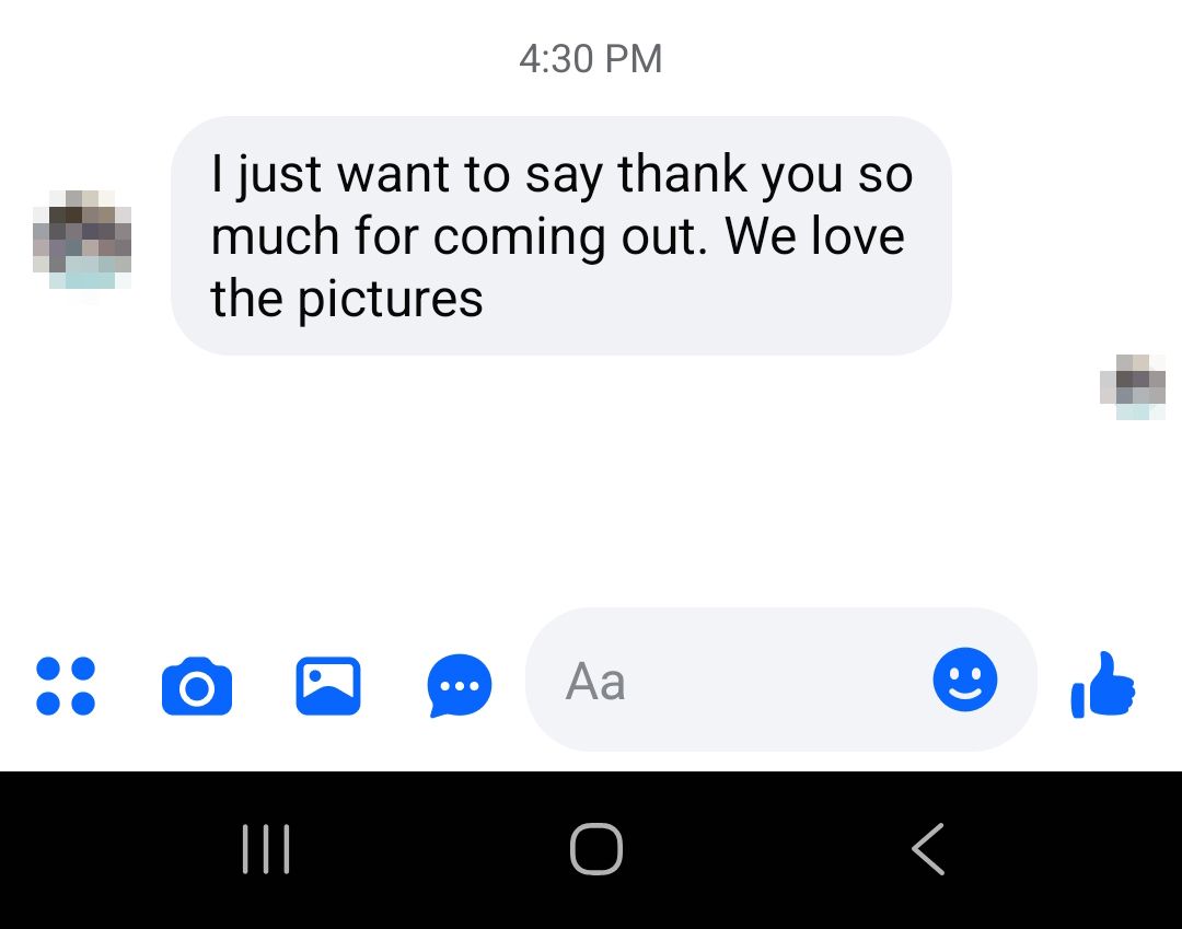 Facebook Messenger conversation showing a thank you message about photos at 4:30 PM on a mobile device.