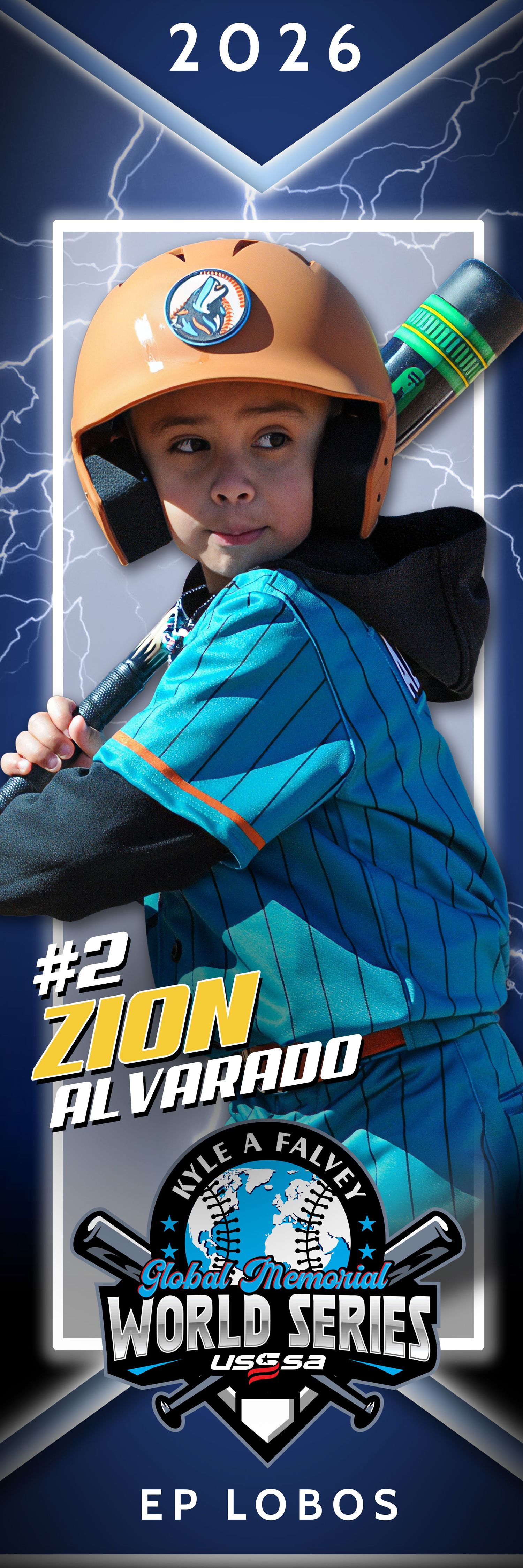 Young baseball player Zion Alvarado #2 poses in teal uniform at 2026 Kyle A Falvey World Series for EP Lobos team.