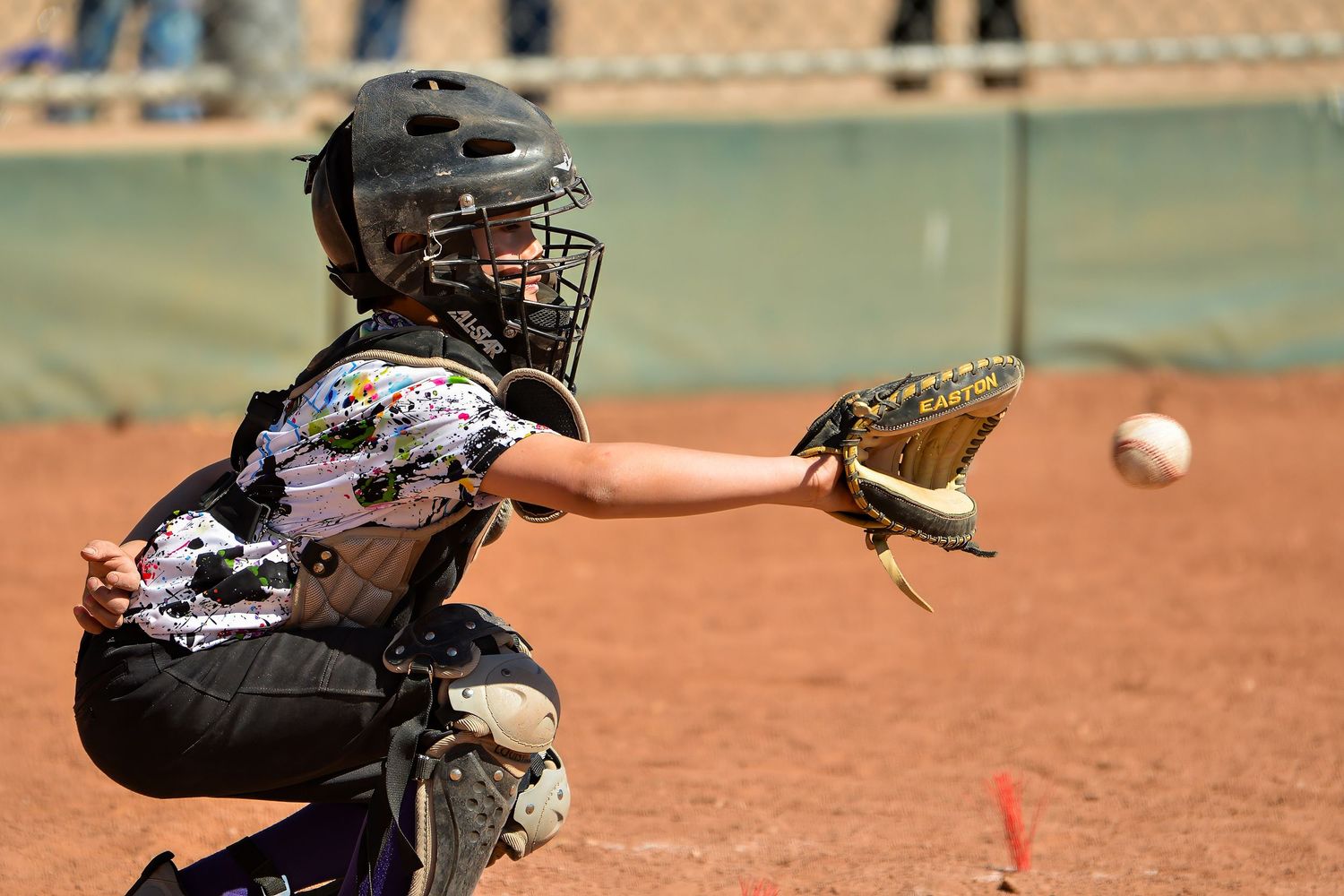 Young catcher in full gear crouches to catch a pitch during a youth baseball game.