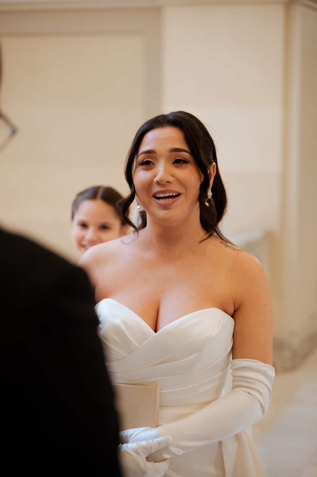 Elopement bride with emotion at Oklahoma State Captiol
