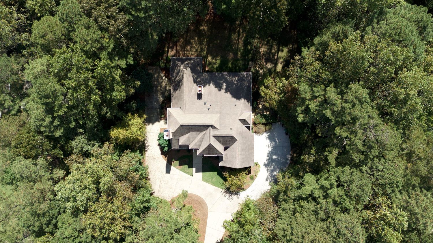 Aerial view of a lush green forest with scattered buildings and pathways winding through the trees.