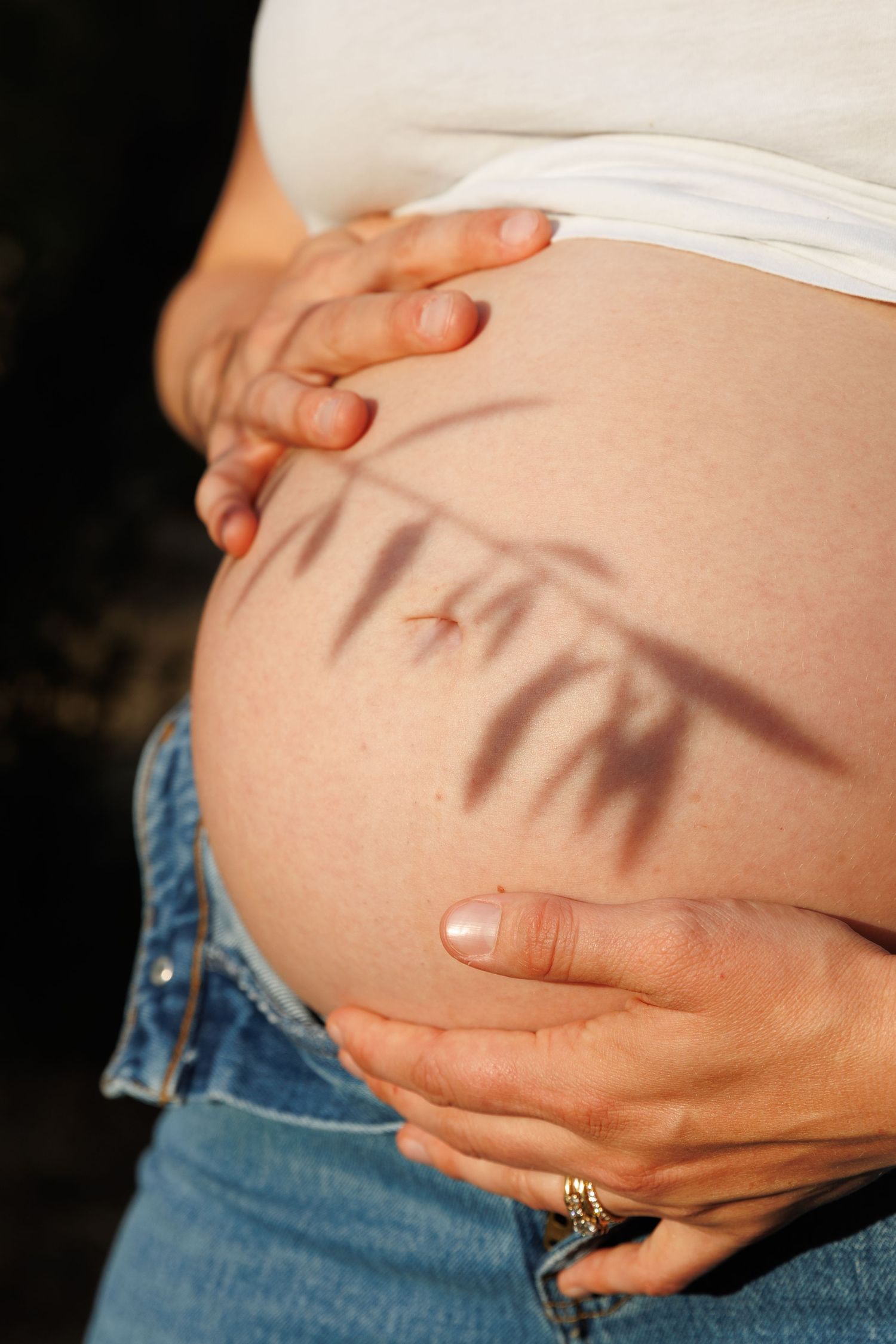 Close-up of Lily’s baby bump with a shadow of an olive branch across it, hands gently cradling her belly.