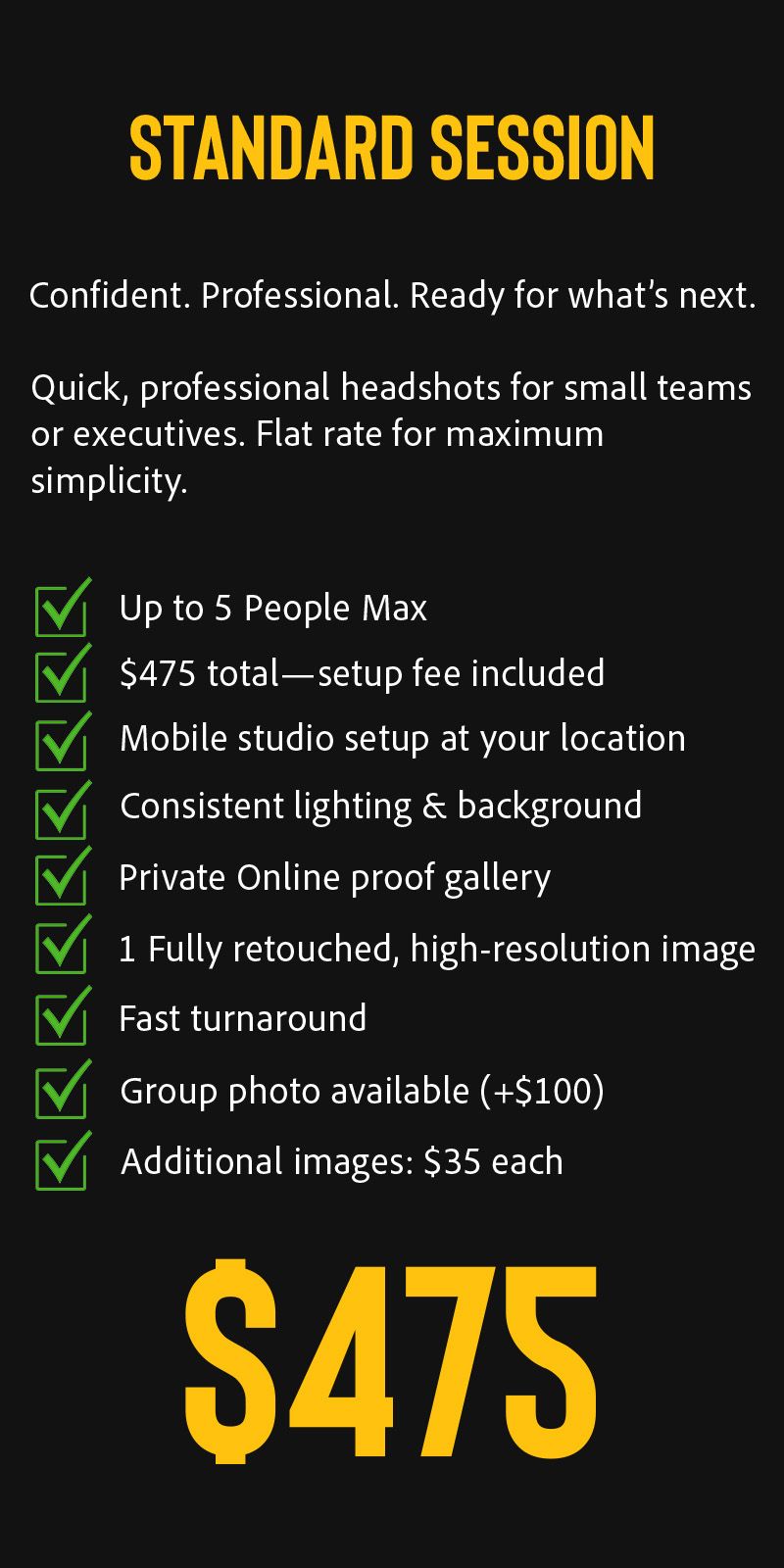 Standard Session package graphic showing a small team of up to five people receiving professional headshots at their office, bright lighting