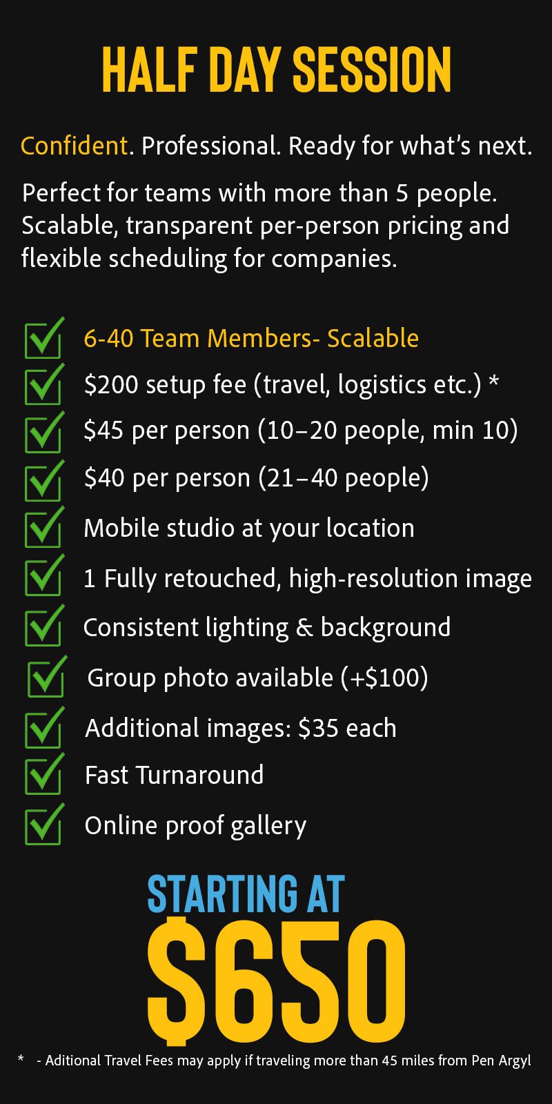 Half-Day Session package graphic depicting a medium-sized business team, setup of portable studio lighting, photographer capturing individua