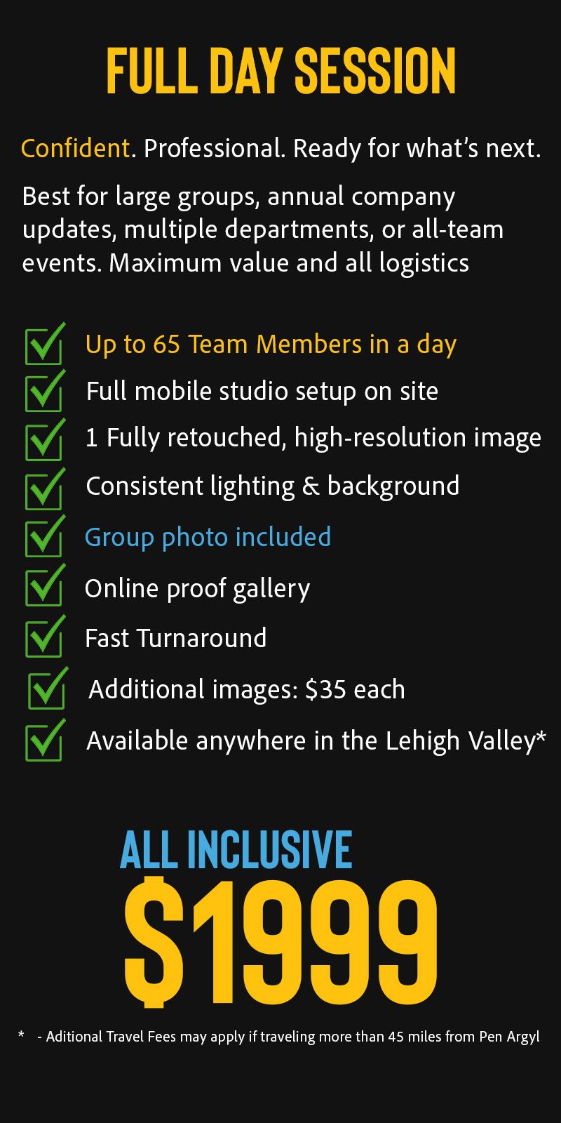 Full-Day Session package graphic featuring a large company staff, multiple departments lined up for professional headshots, advanced studio