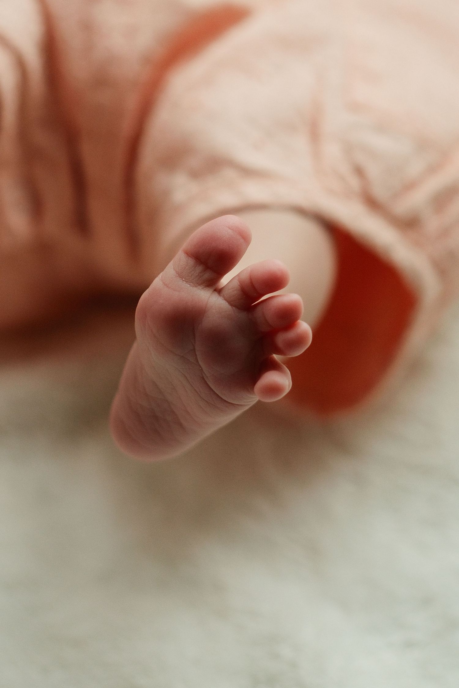 Macro shot of delicate newborn toes in soft focus.