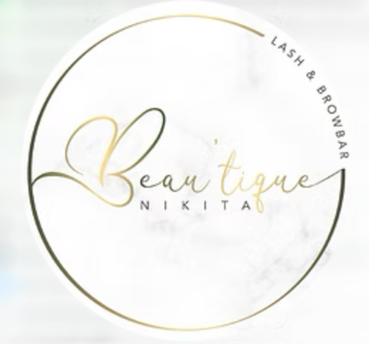 Beautique Nikita lash and brow bar logo with elegant gold script on marble circle design.