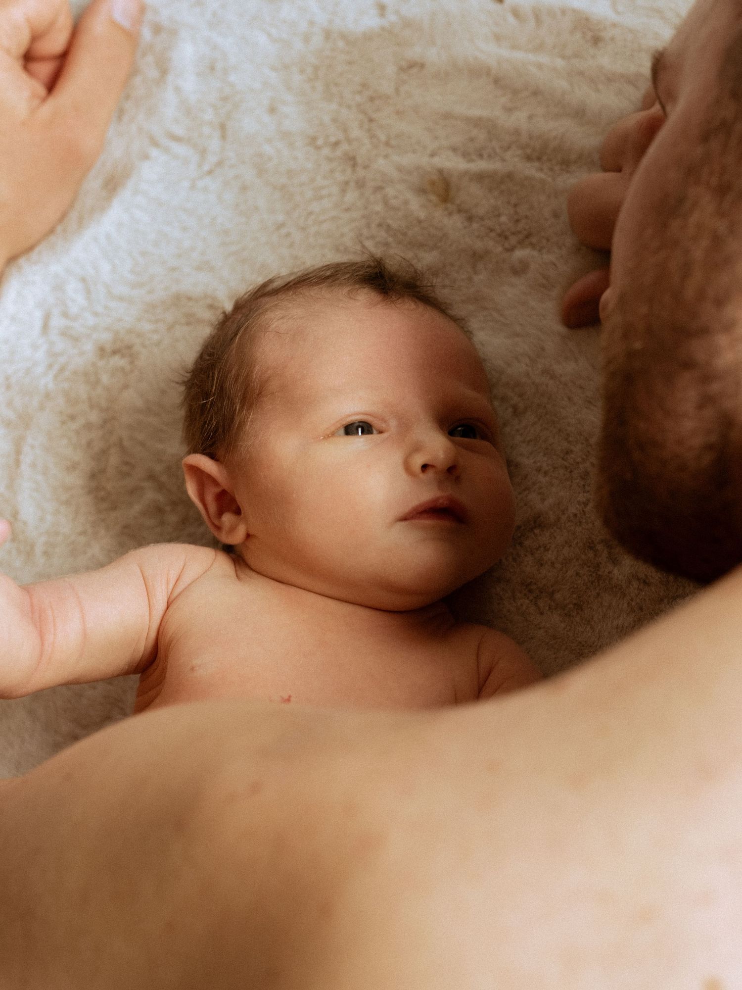 Close-up series showing gentle interaction between parent and baby against textured backdrop.