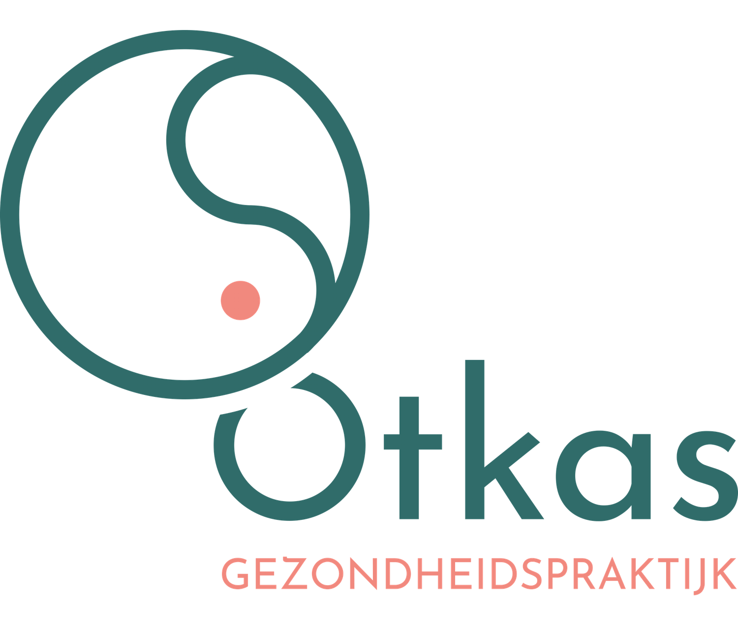 Otkas Gezondheidspraktijk logo featuring a teal yin-yang symbol with a coral dot and modern teal typography.