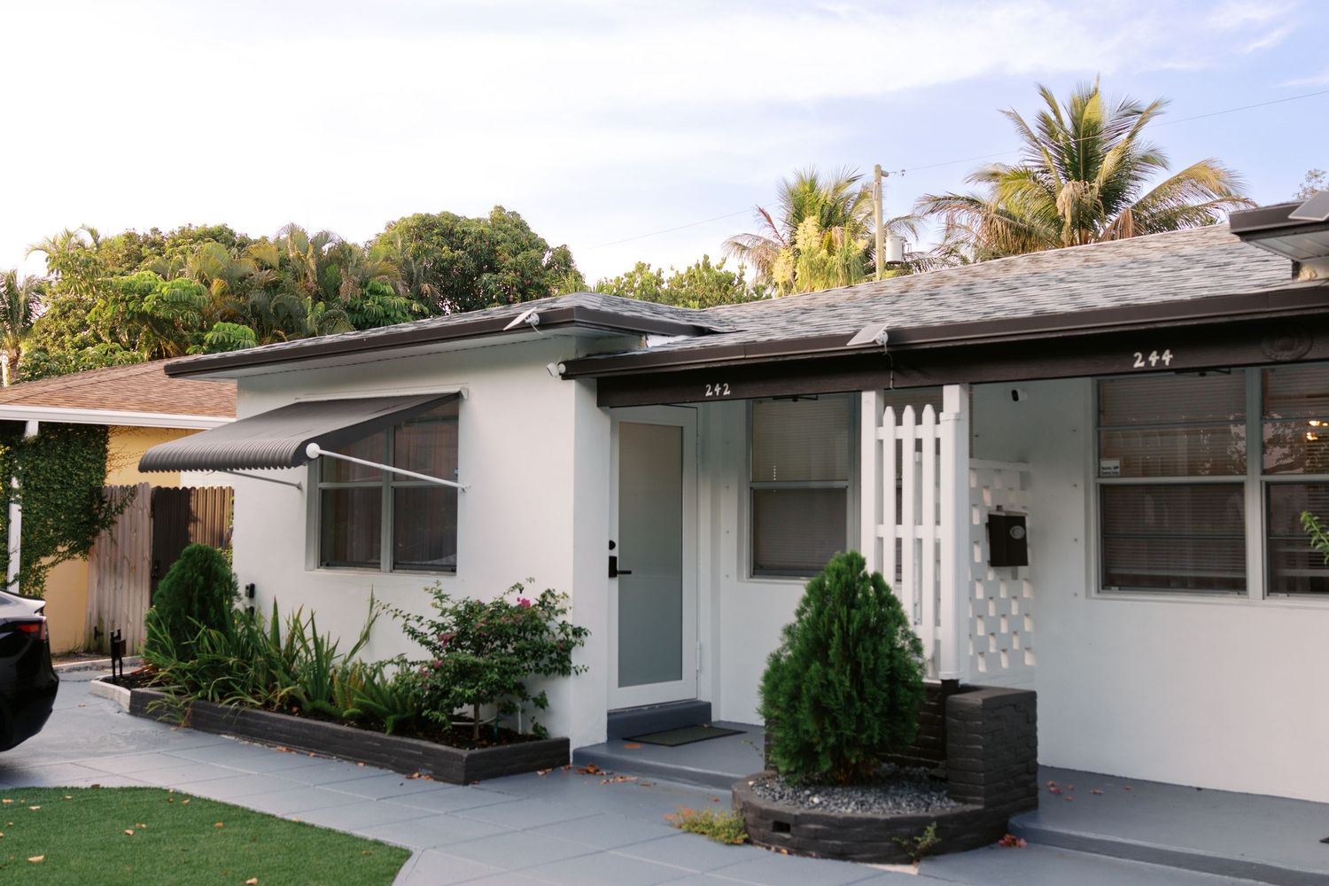 Modern white mid-century ranch home with gray accents, lattice fence, tropical landscaping, and covered entryway in warm evening light.