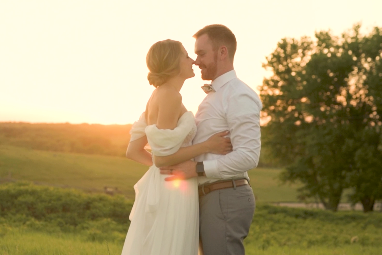 A couple embraces in a golden sunset field with multiple romantic poses captured in a photo collage.