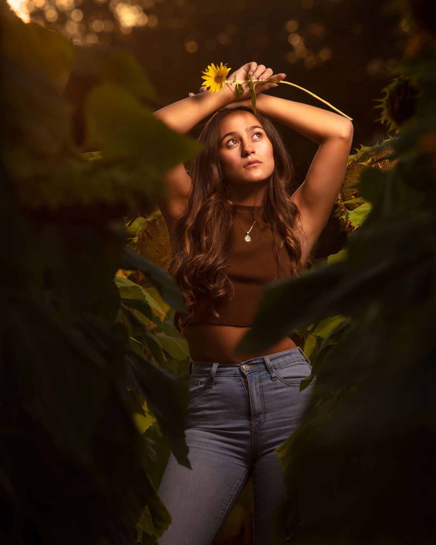 Dramatic sunset photoshoot among sunflowers with warm golden lighting and creative poses.