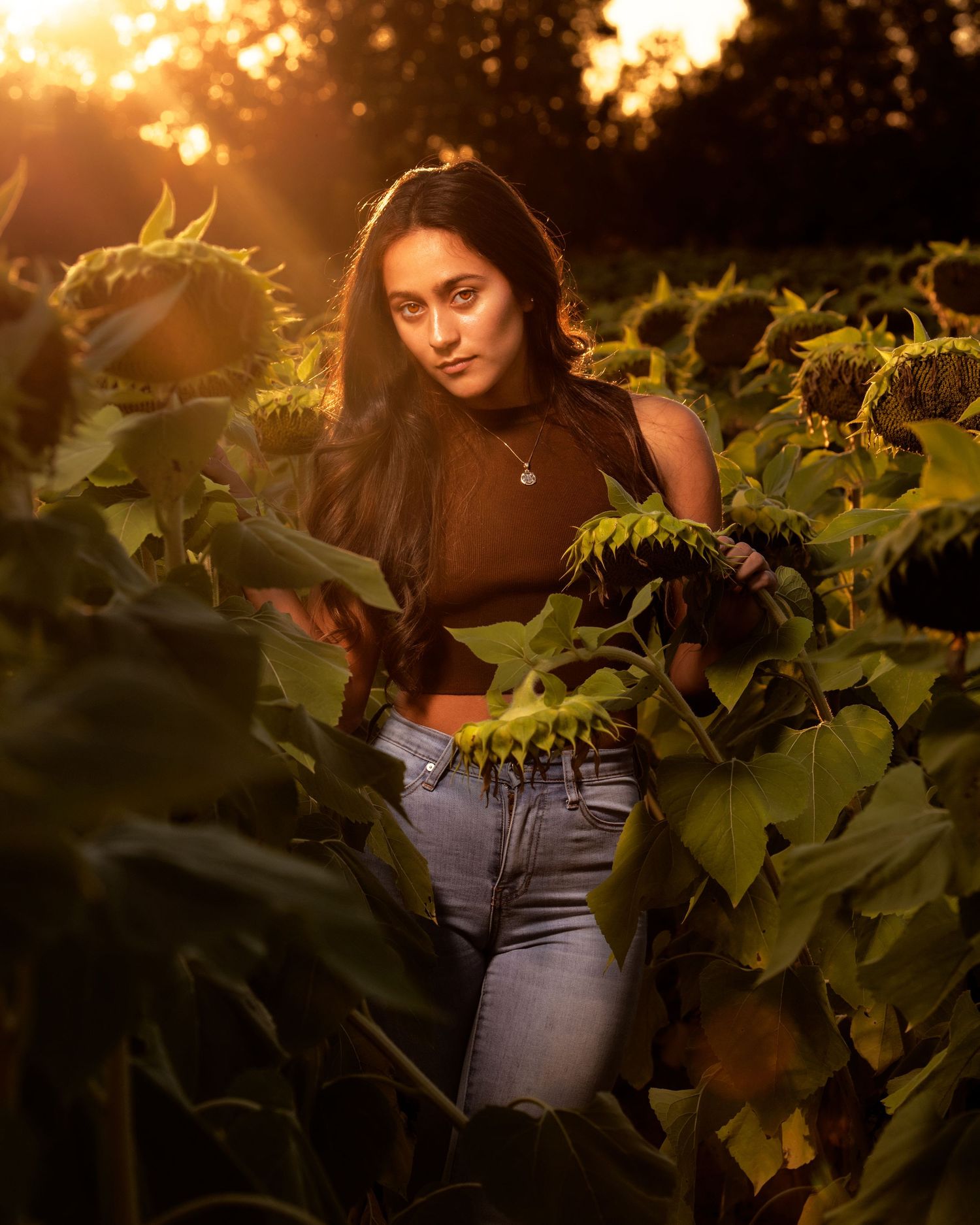 Artistic portrait in sunflower field during golden hour with moody lighting and bokeh effects.