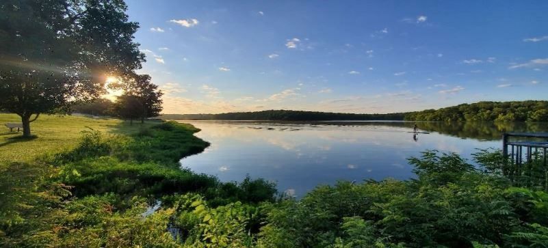 A scenic panoramic view of a tranquil lake surrounded by lush green trees under a vibrant blue summer sky.
