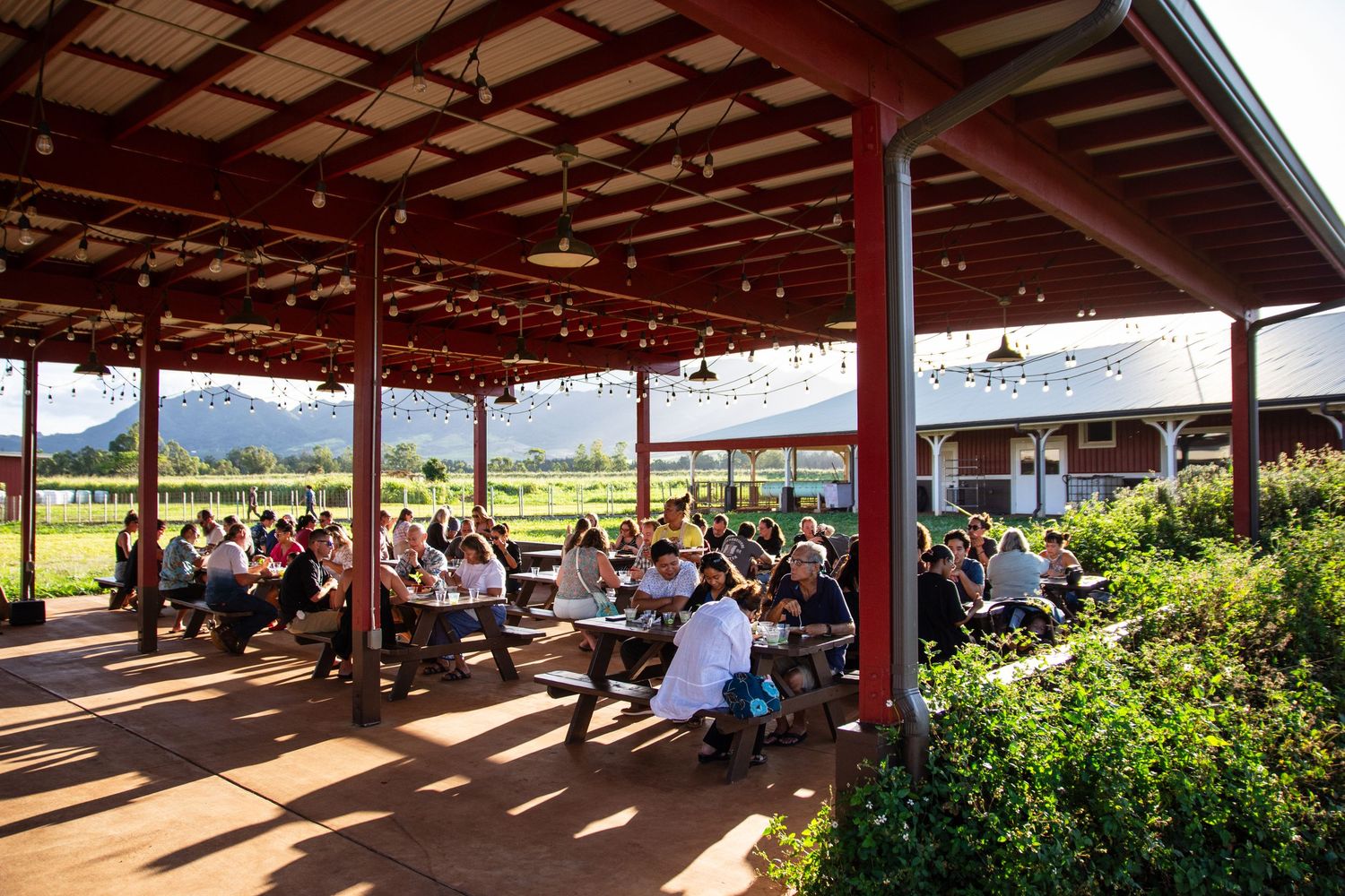 Large covered outdoor pavilion with mountain views and natural landscaping.