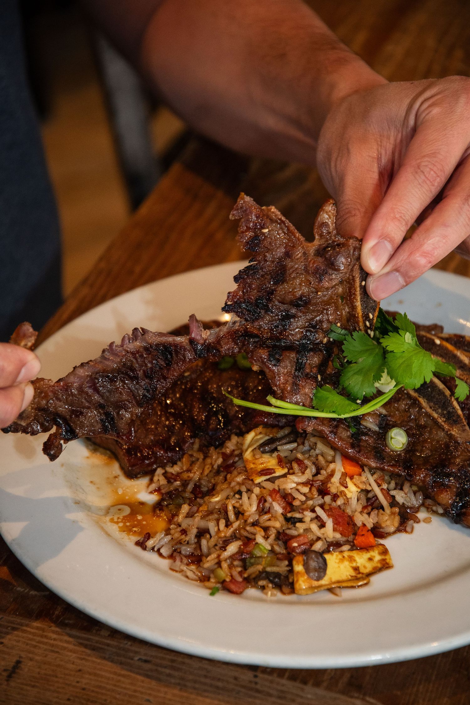 Grilled meat dish served with rice and herbs on a white plate.