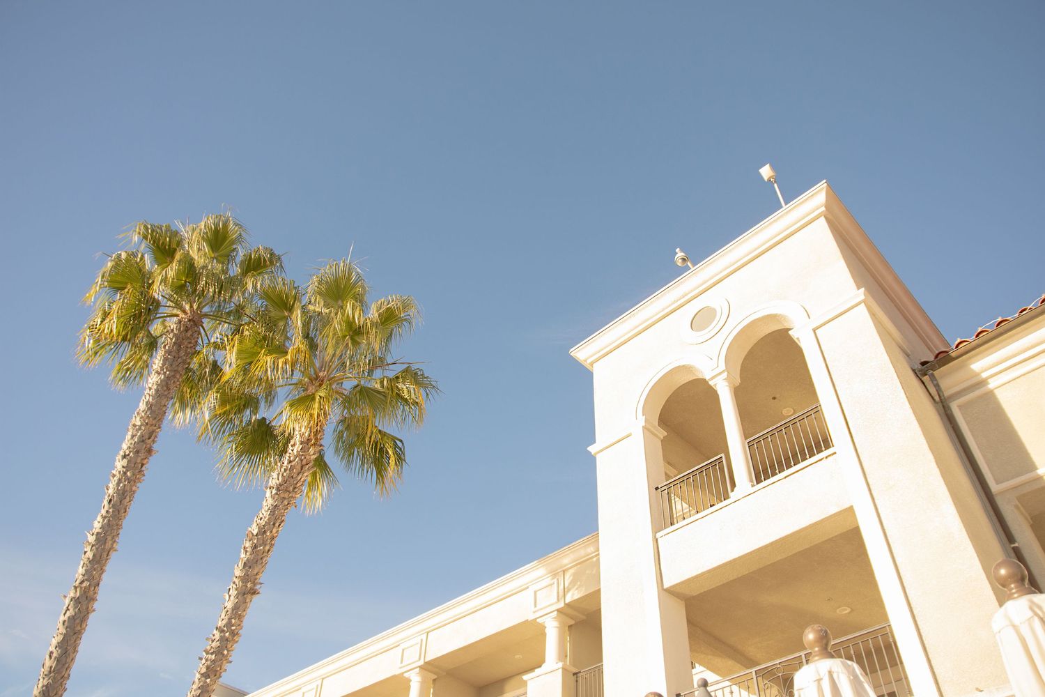 Mediterranean-style white buildings with palm trees against bright blue sky.