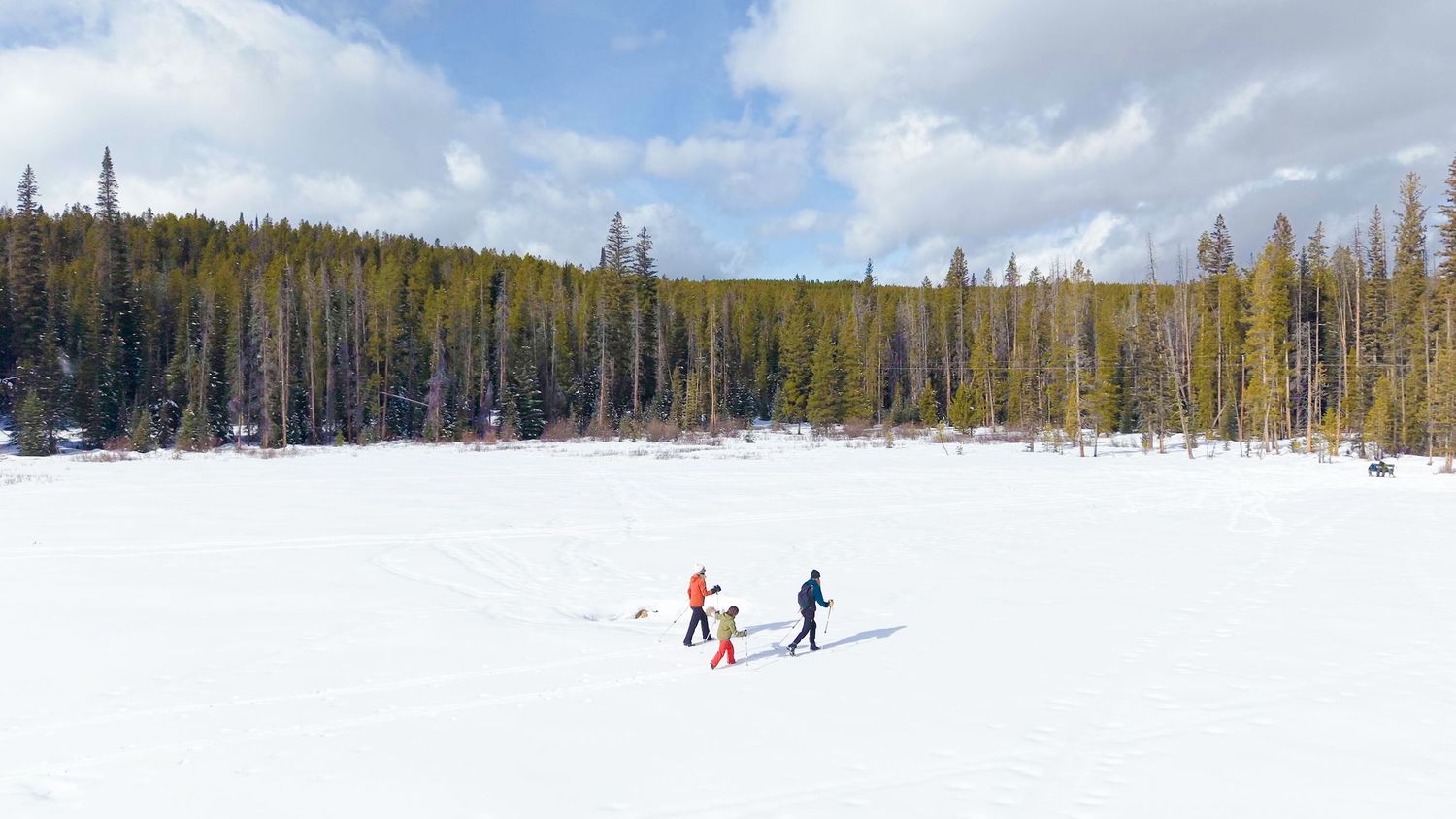 Three people cross-country skiing across a frozen snow-covered lake surrounded by evergreen forest under a partly cloudy sky.
