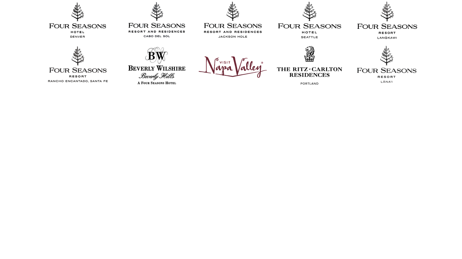 Collection of luxury hotel brand logos including Four Seasons, Beverly Wilshire, Napa Valley, and Ritz-Carlton Residences.