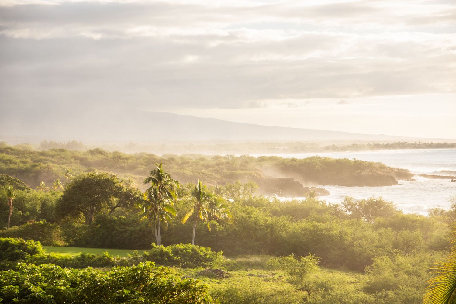 Aerial view of tropical coastline with palm trees and mountains at sunrise.