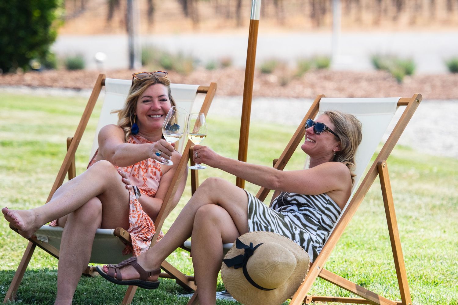 People relaxing in lounge chairs on a sunny lawn during an outdoor event.