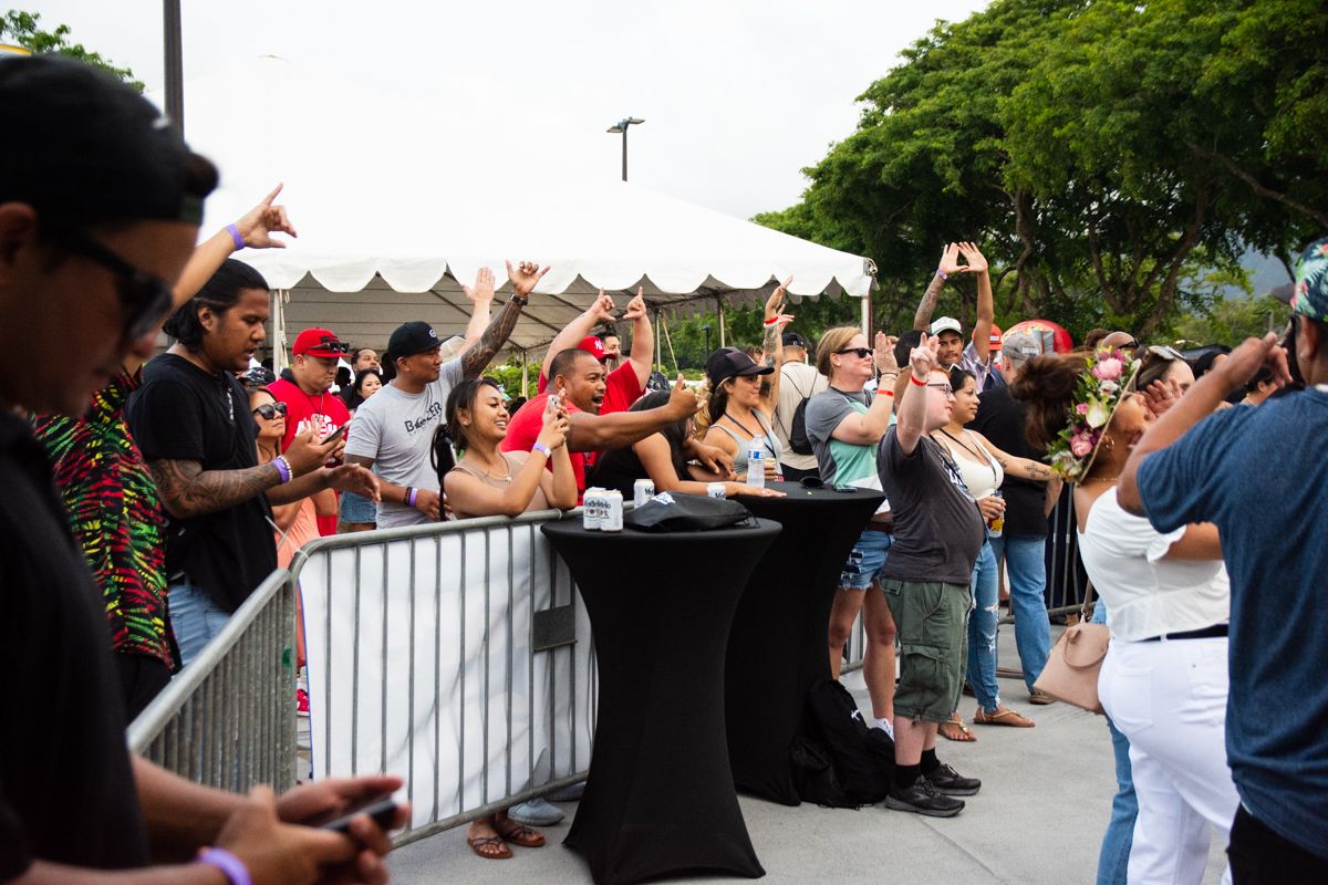 Excited crowd gathers behind metal barriers at an outdoor event with hands raised.