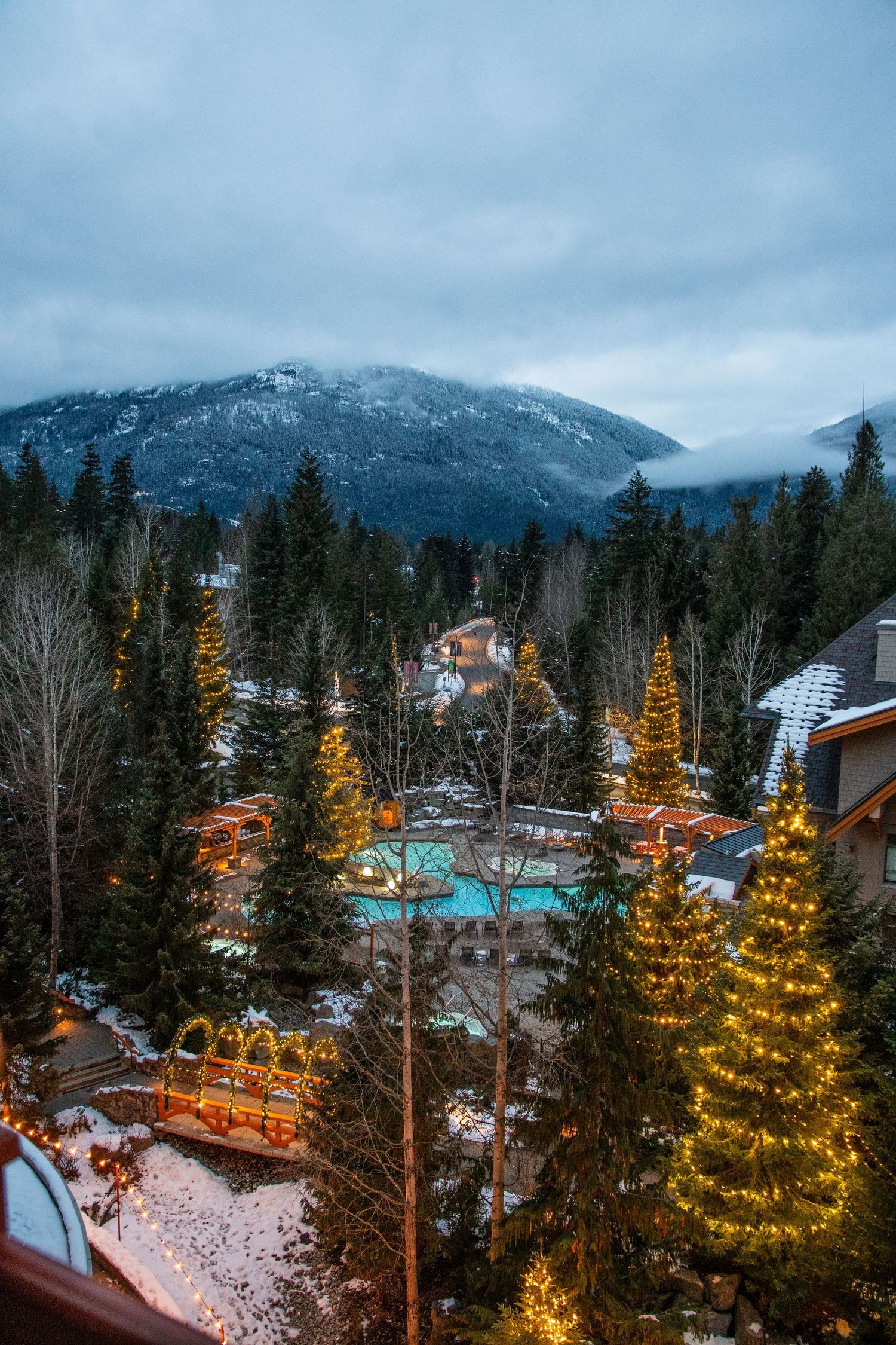 Whistler resort glowing with Christmas lights amid snow-dusted evergreens, mountain backdrop at dusk.