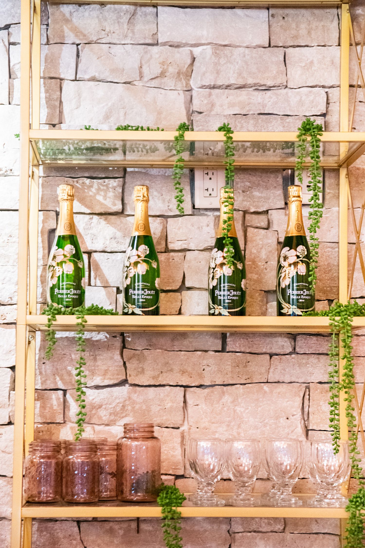 Champagne bottles displayed on wooden shelves with hanging greenery against a rustic stone wall.