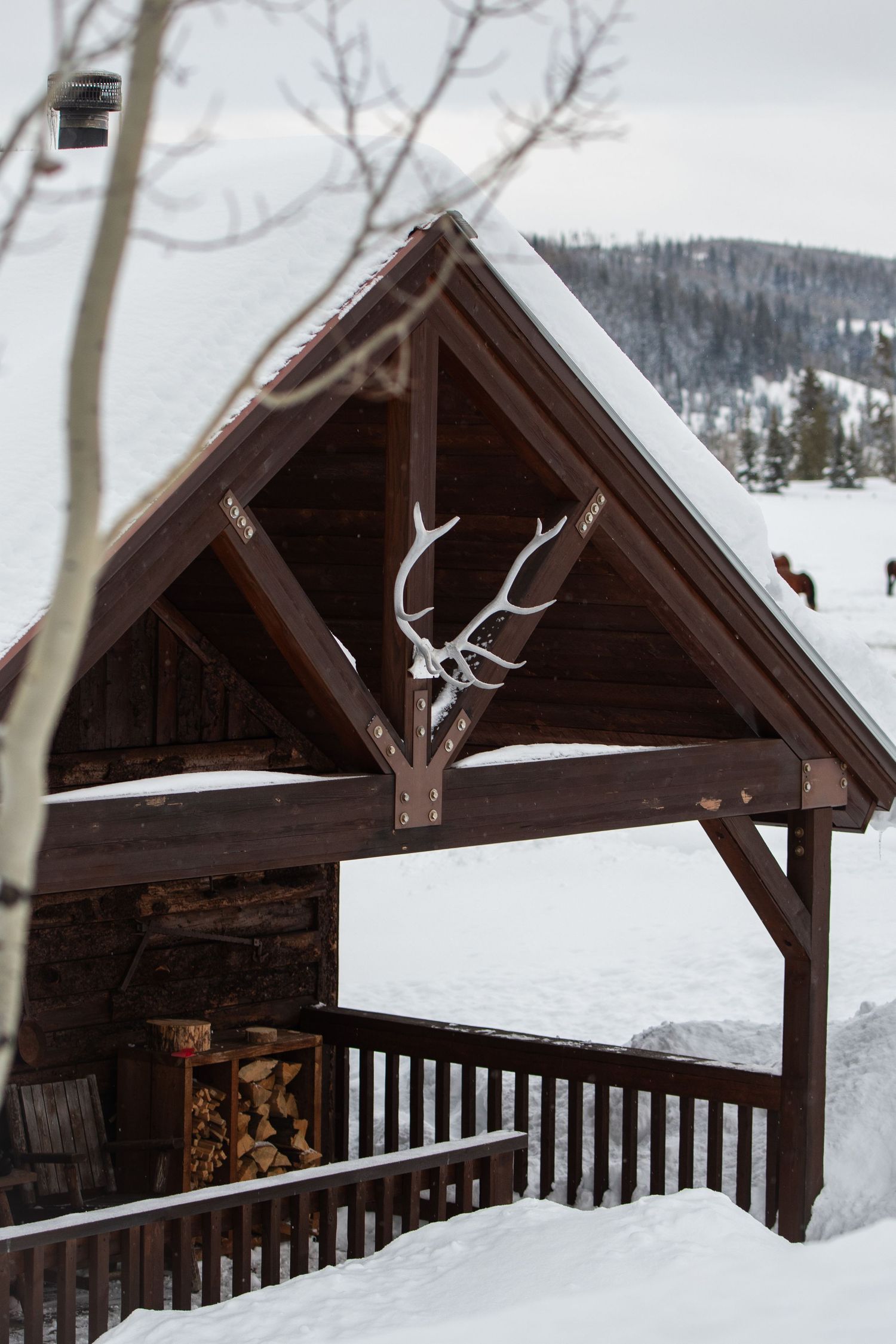 Snow-covered rustic wooden gazebo with antlers mounted under peaked roof.