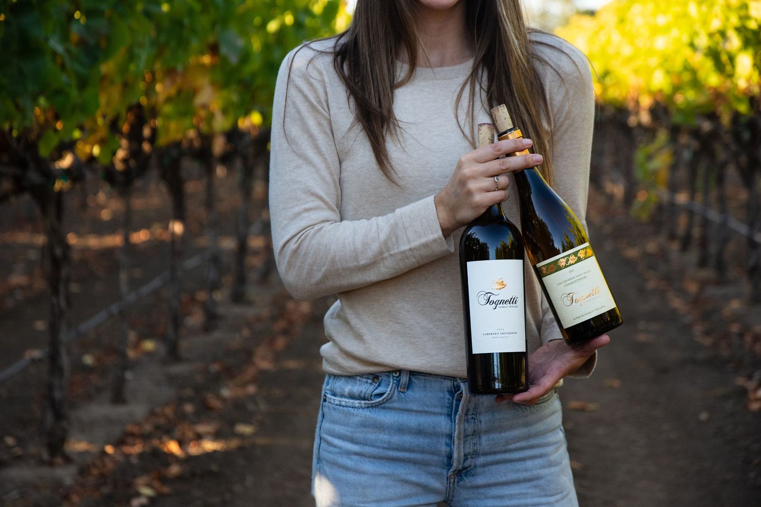 Wine bottles being displayed in a vineyard setting during golden hour.