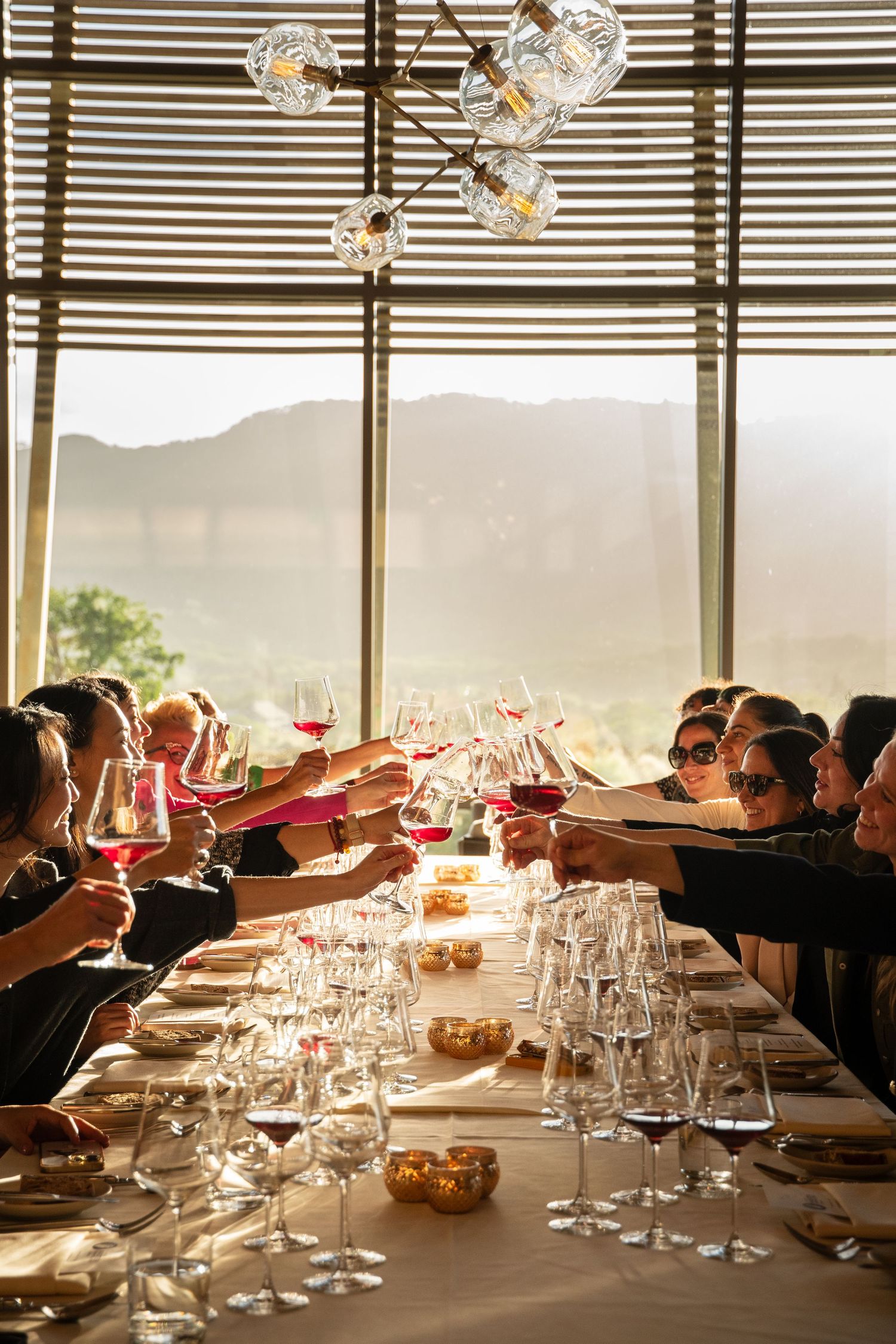 Group of guests raising wine glasses in a toast at a long table with mountain views through large windows.