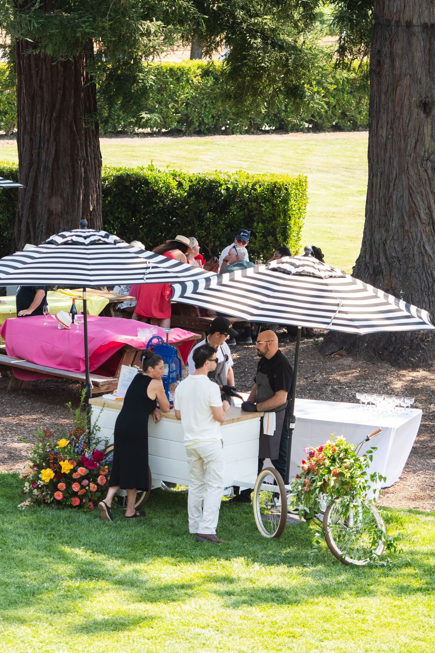 White carts with striped umbrellas set up on a lawn for an outdoor celebration.