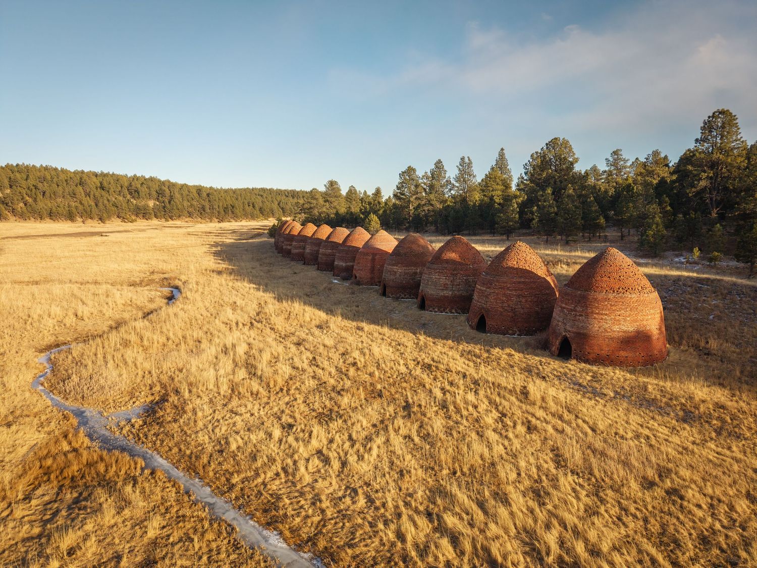 Row of historic brick beehive charcoal kilns in a golden meadow surrounded by pine forest under a clear blue sky.