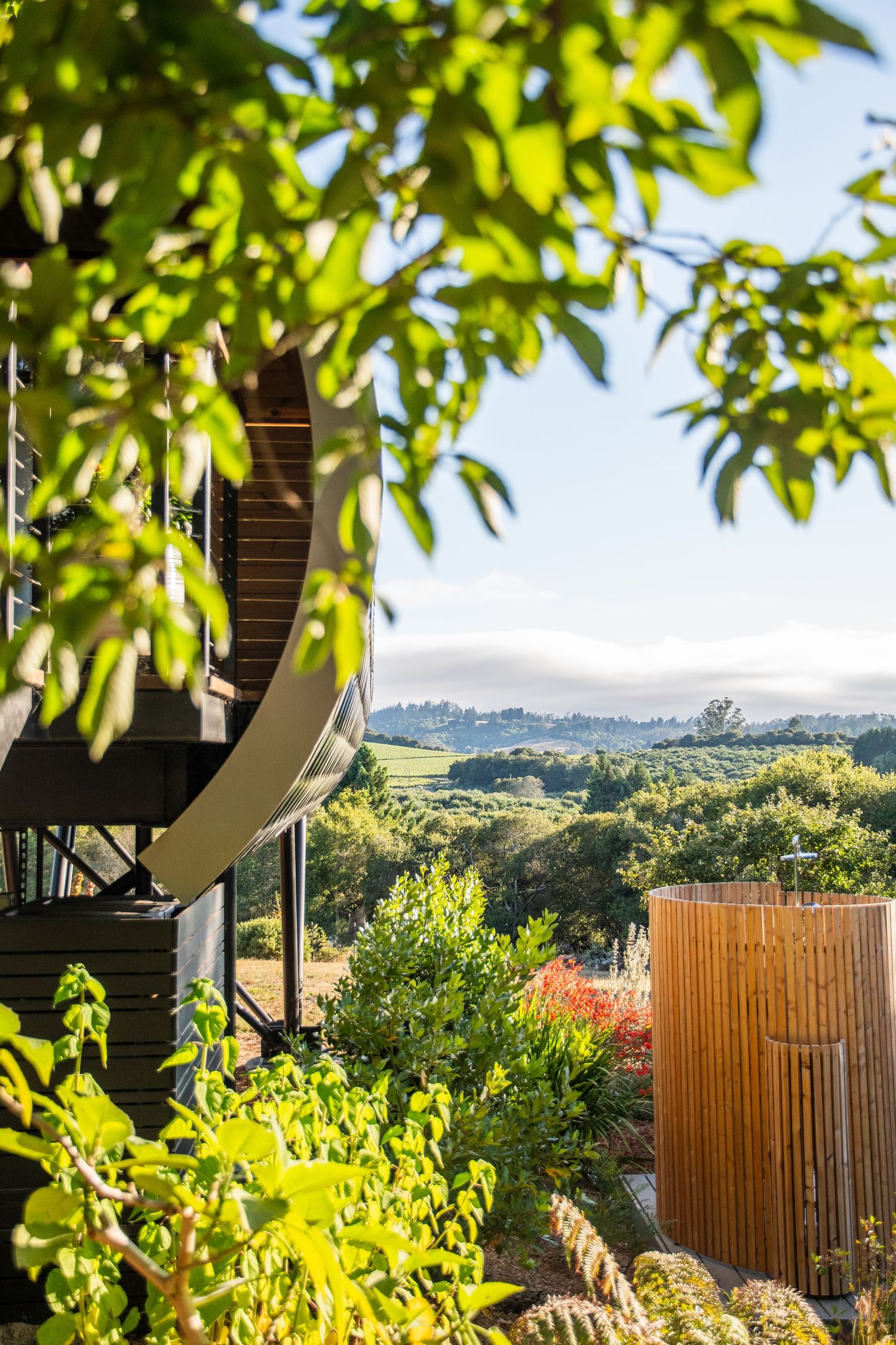 Curved architectural structure with scenic valley views through lush green foliage.