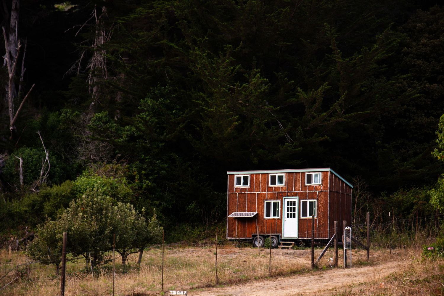 Rustic cabin nestled in a wooded hillside setting at dusk.
