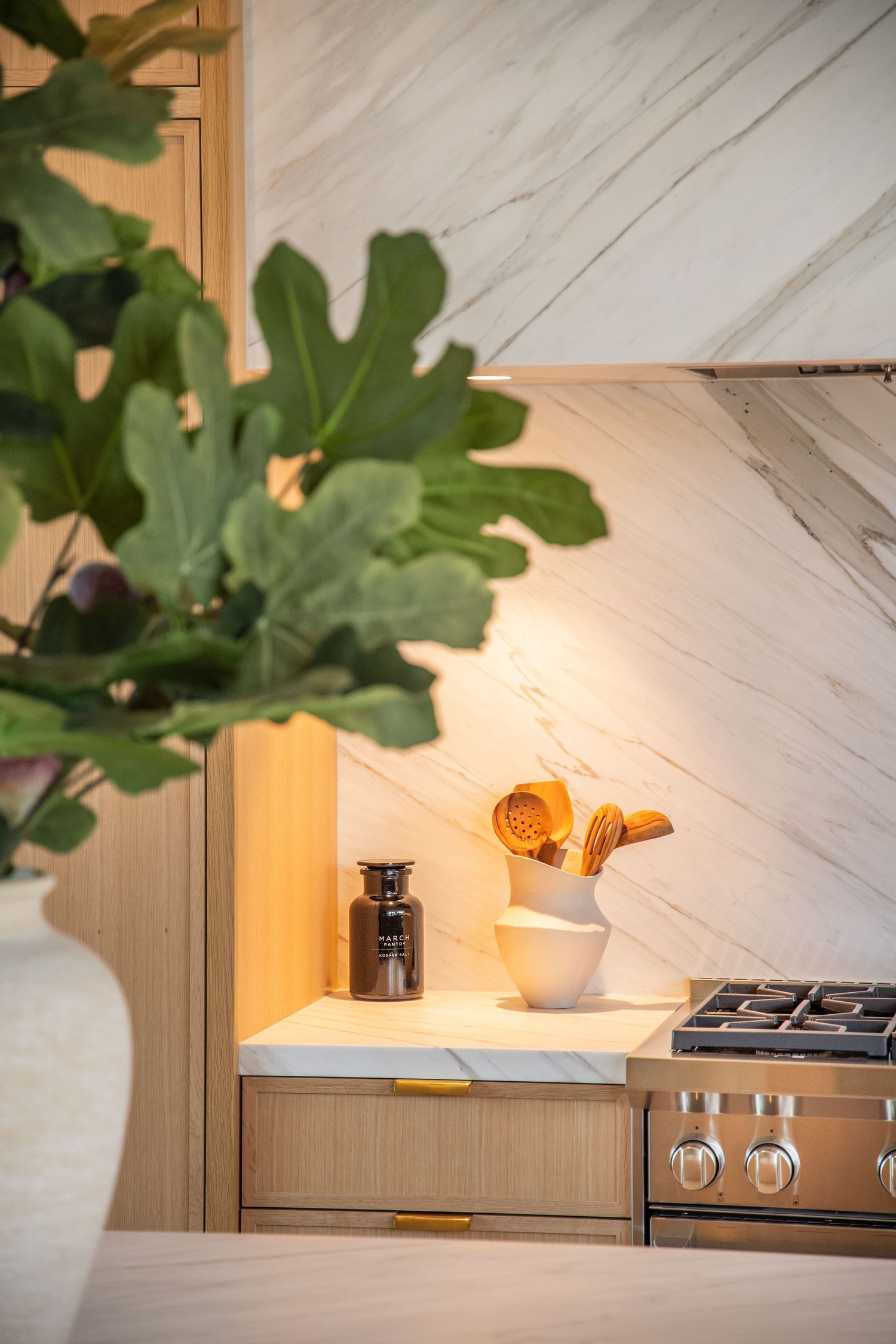 Kitchen counter vignette with fig plant and orange flowers against marble backsplash.