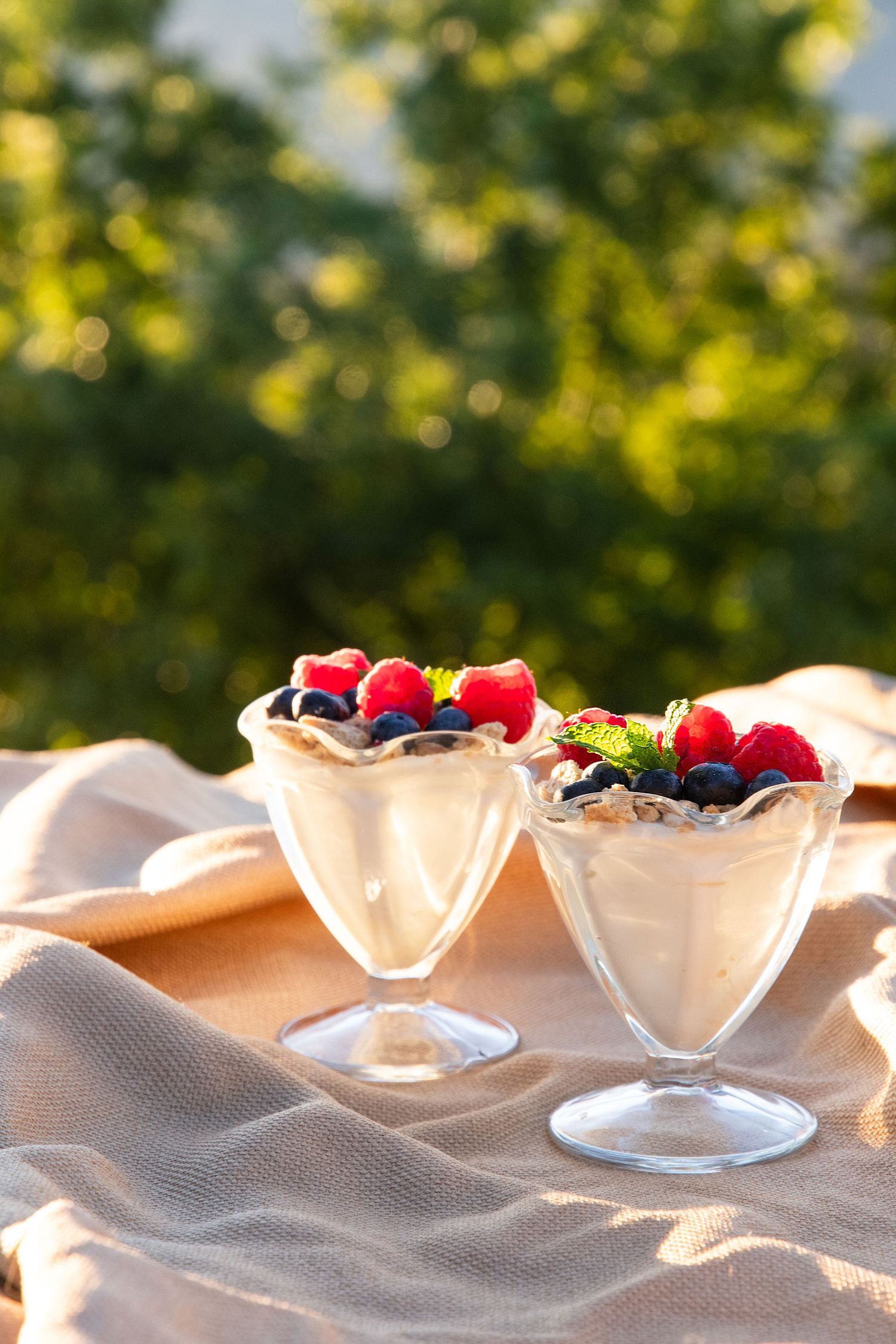 Two elegant parfait glasses filled with creamy dessert and topped with fresh berries.