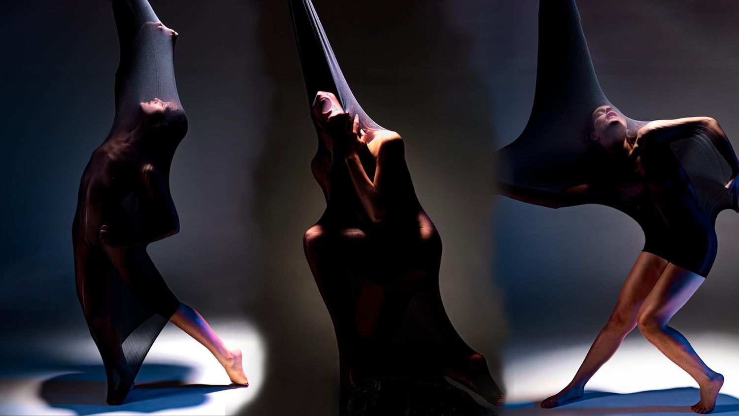 Dramatic silhouettes of dancers performing contemporary movements in a dark studio.