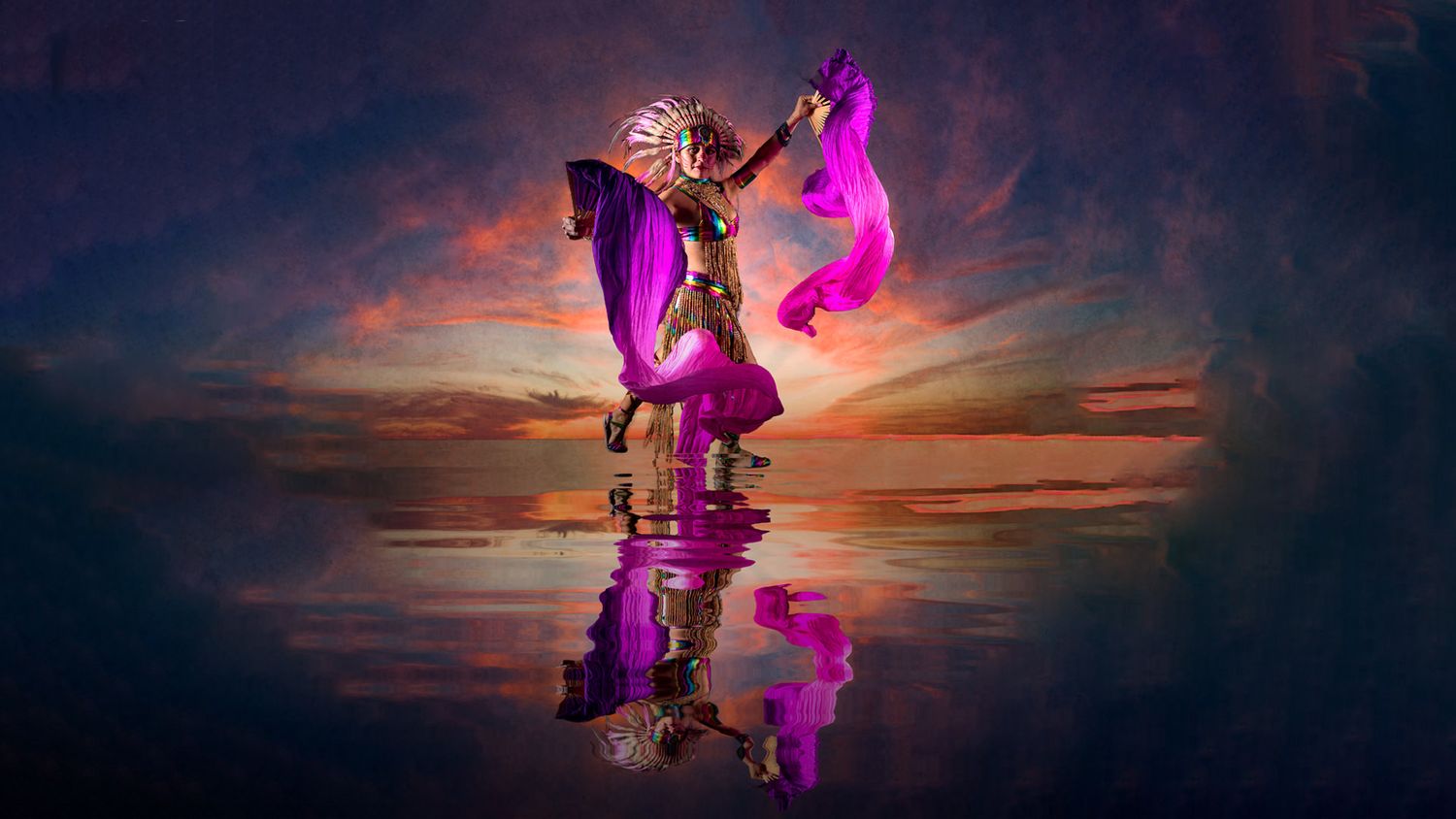 Silhouetted figure dances gracefully against dramatic purple and orange sunset sky composite
