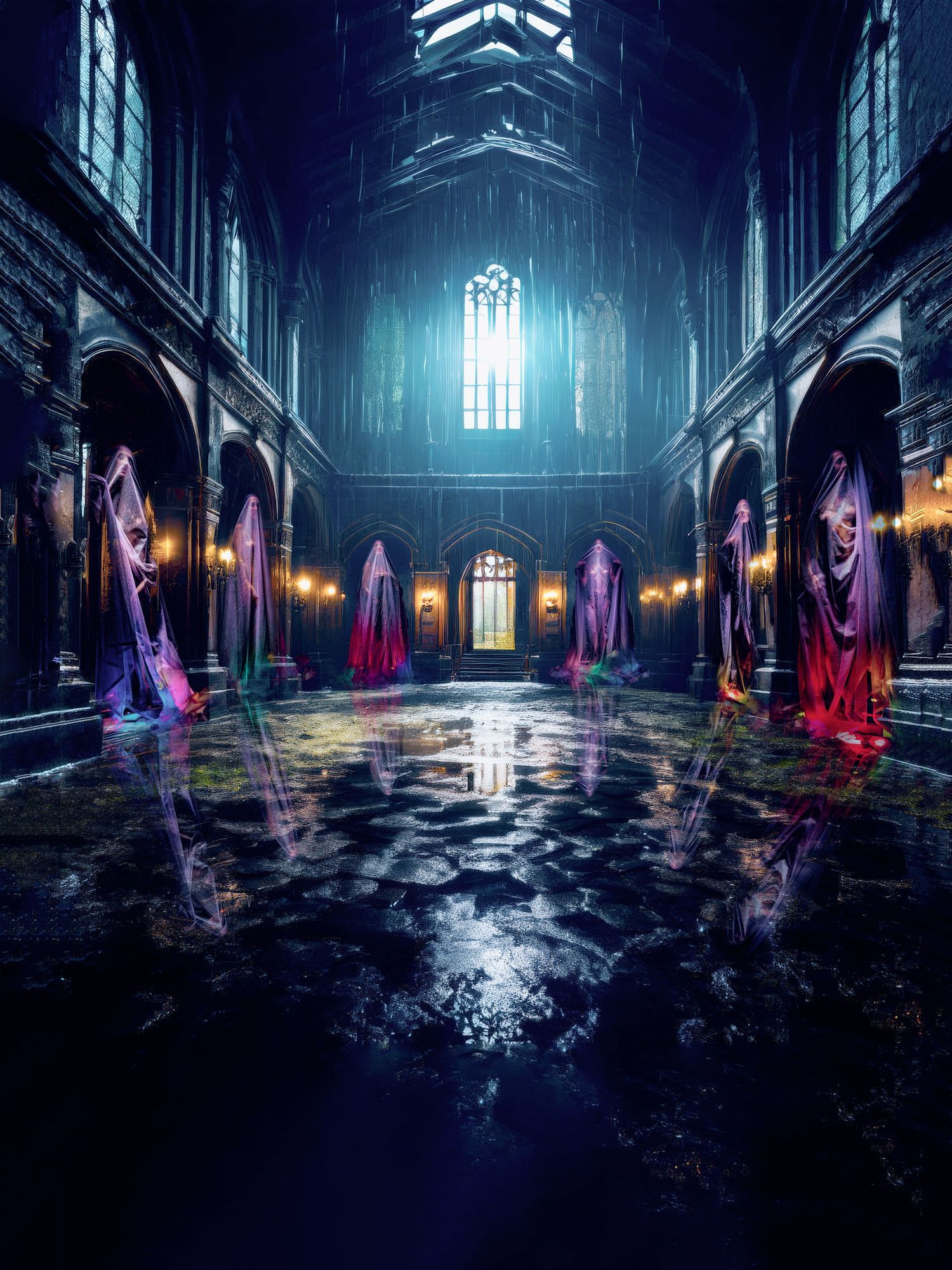 Gothic hall with colorful ghostly figures reflected on flooded floors, illuminated by ethereal light through arched windows.