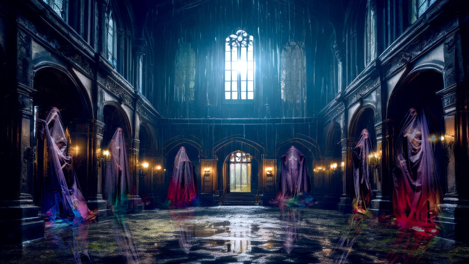 Dramatic interior of a dimly lit cathedral with gothic architecture and rays of light streaming through stained glass windows.