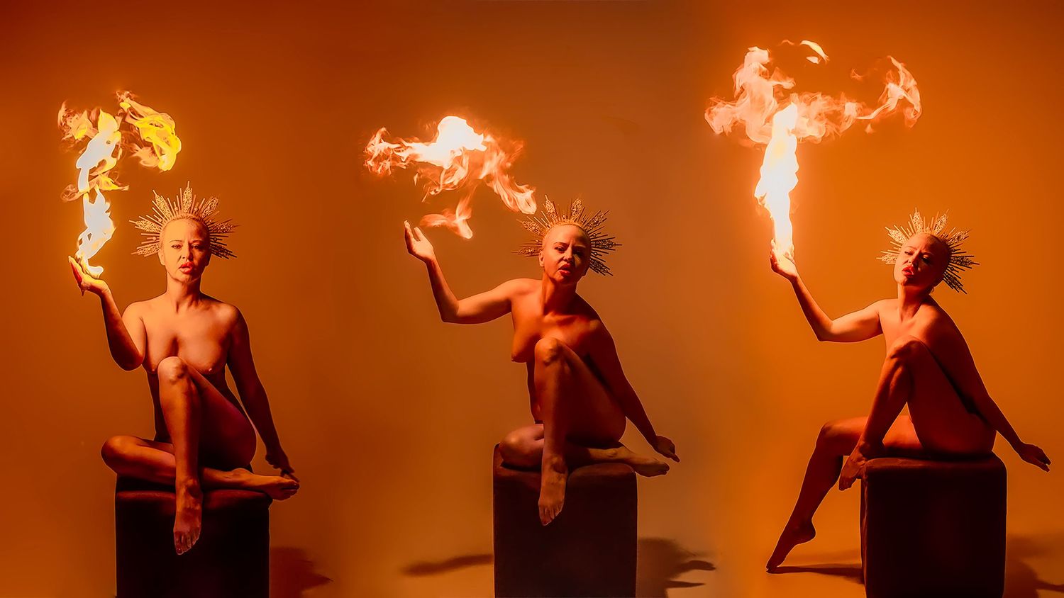 A sequence of dynamic dance poses silhouetted against a warm orange background creating a flowing motion effect.
