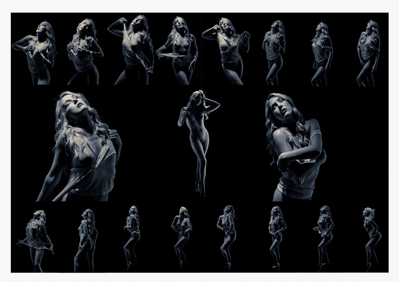 Multiple dramatic dance poses shown in black and white against dark background creating an artistic movement study.