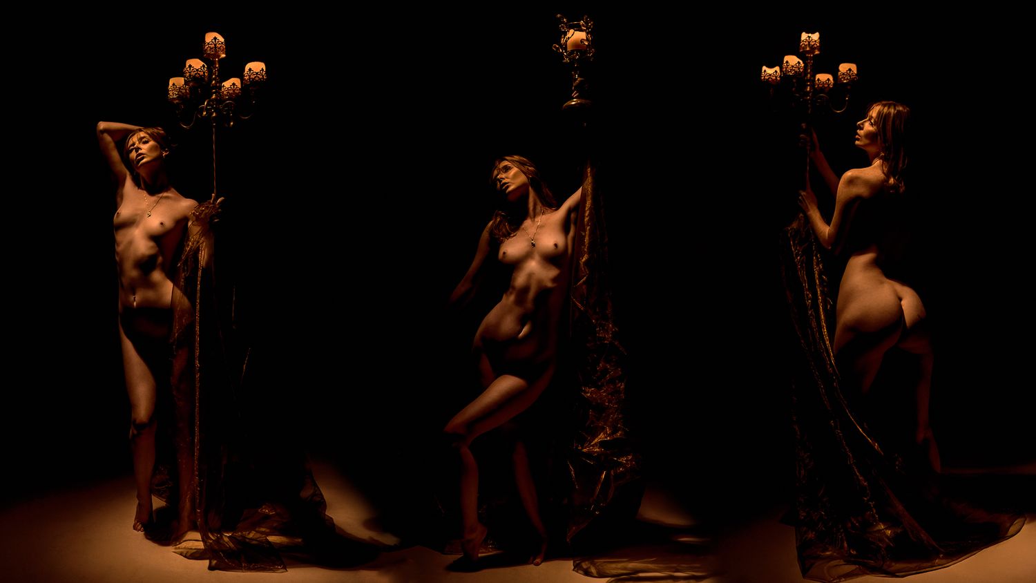 Triptych of artistic nude figures posed dramatically in warm candlelight against a dark background.