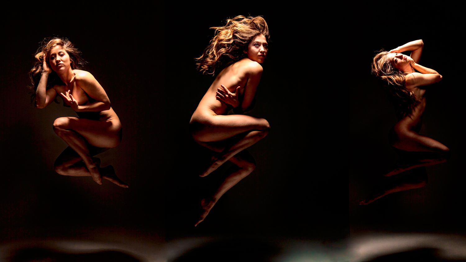 A series of dark, artistic dance photographs showing graceful movements and poses in dramatic lighting.