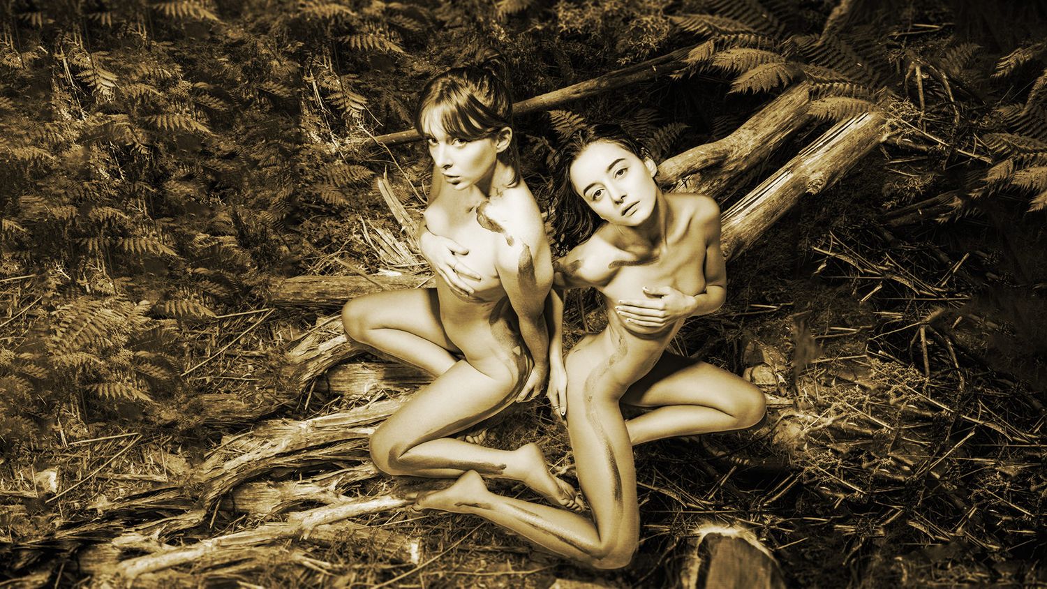 Artistic nude figure reclining on dark forest floor surrounded by fallen leaves and natural elements.